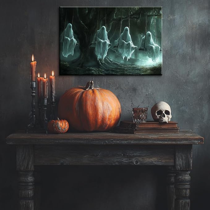 BANHUA1 Vintage Halloween Canvas Wall Art, Funny Ghosts Swing in Forest Print, Gothic Dark Academia Wall Decor, Creepy Spooky Abandoned Art Halloween Pictures, 40 x 28 Inch