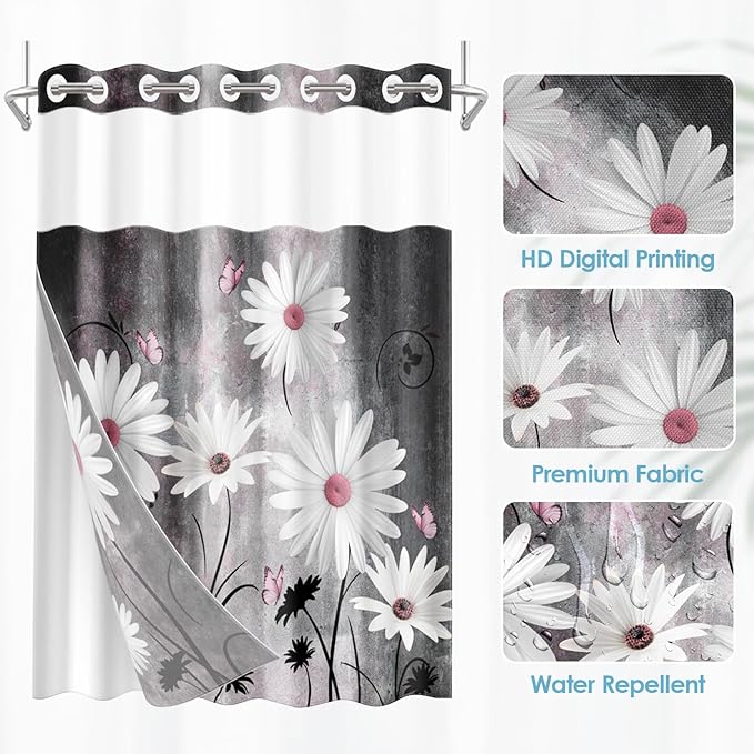 No Hook Pink White Daisy Butterfly Shower Curtain with Snap in Fabric Liner Set, Grey Farmhouse Double Layers Waterproof Fabric with See Through Top Window Open Grommet Bath Curtain 71x86 Inch