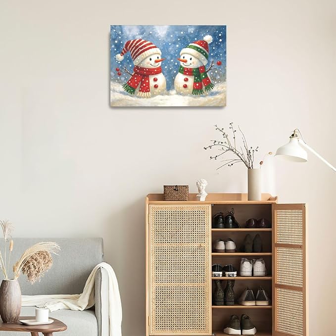 Christmas Snowman Wall Art Winter Holidays Canvas Wall Decor Pictures Paintings Prints Artwork Framed Decorations For Bathroom Bedroom Living Room Office Gifts 24" x 16"