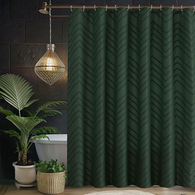 96inch Extra Long Dark Green Boho Shower Curtain Woven Fabric Shower Curtain Tufted Chervon Textured Shower Curtains Modern Minimalist Shower Curtains for Bathroom