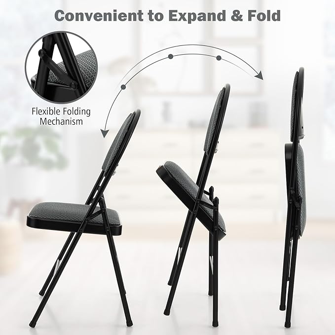 POWERSTONE Folding Chairs, Foldable Chair Set with Padded, Handle Hole and Metal Frame Dining Chair Set for Indoor and Outdoor, School, Office and Garden Party (6, Grey+Black)