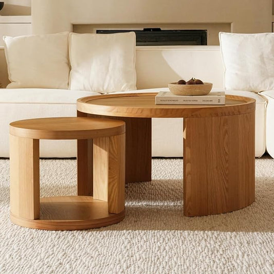 Round Nesting Coffee Table Set of 2,31.5" Large & 18" Small Low Tables with Wood Look Top,Space-Saving Side Tables for Living Room,Bedroom,Office,Minimalist Center Table Set (Brown, L+S)