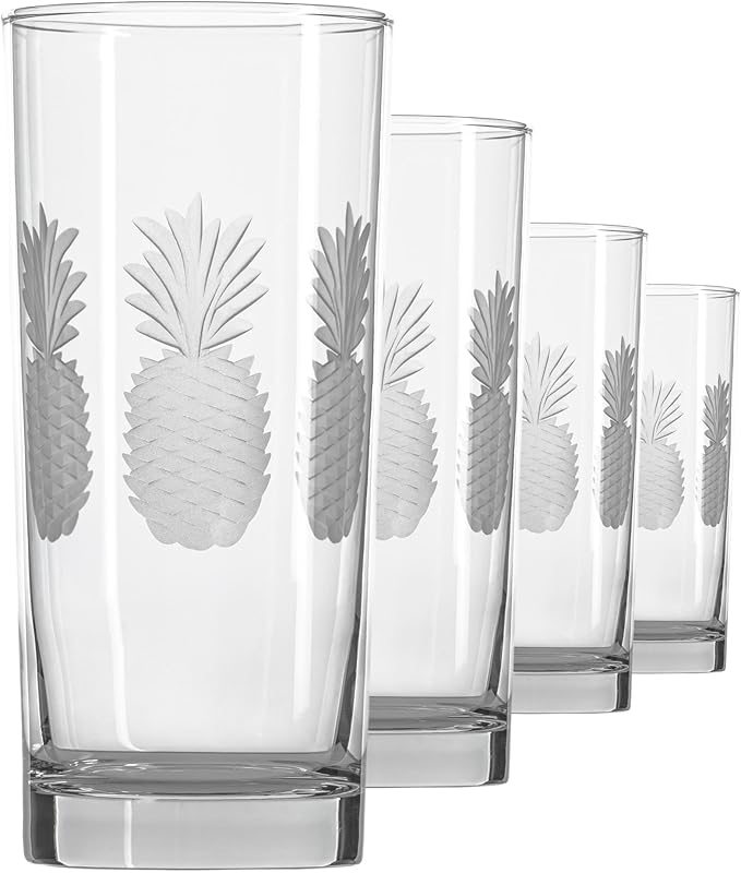 Rolf Glass Fresh Pineapple Highball Glass | 15oz Cooler Glasses | Lead-Free and Diamond-Wheel Engraved | Heavy Base, Thick Glass | Made in the USA | Tropical Etched Pineapple | Set of 4