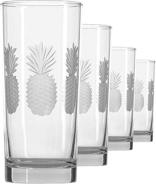 Rolf Glass Fresh Pineapple Highball Glass | 15oz Cooler Glasses | Lead-Free and Diamond-Wheel Engraved | Heavy Base, Thick Glass | Made in the USA | Tropical Etched Pineapple | Set of 4