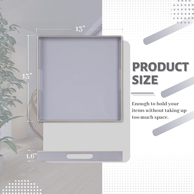 MAONAME Decorative Tray, Gray Serving Tray with Handles, Coffee Table Trays, Square Plastic Trays for Ottoman, Bathroom, Kitchen, 13"x13"x1.57"