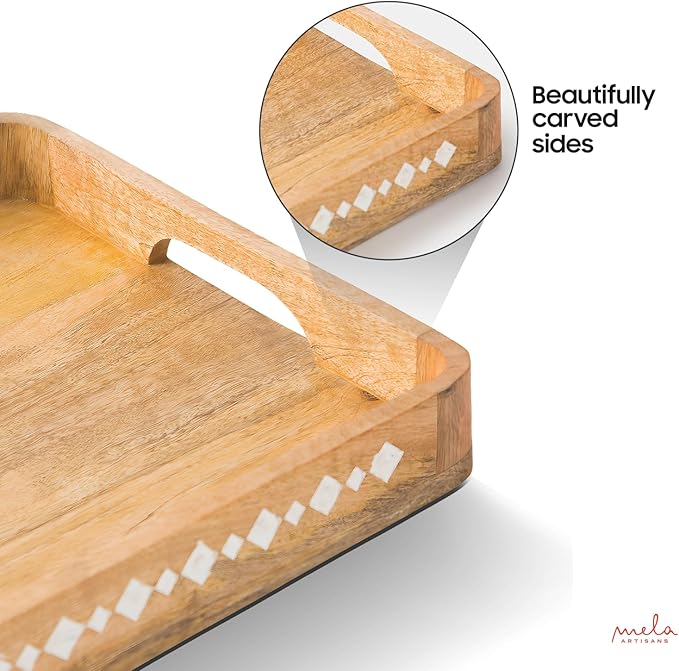 Mela Artisans Wooden Serving Tray with Handles | 15x10x1.75 inch | Mango Wood Decorative Tray | Ottoman Tray | Snacks | Desserts | Breads | Coffee Table | Bedroom | Rounded Edge Design