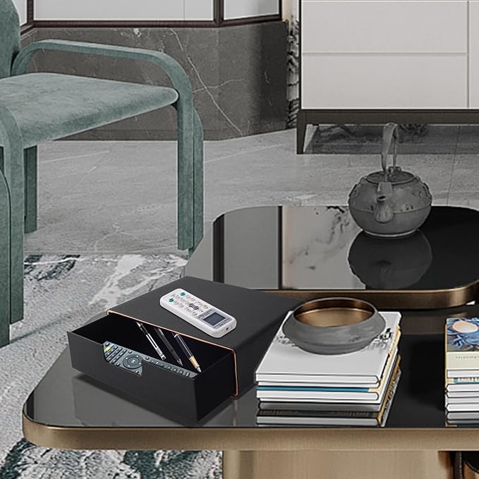 Stackable Organizer Drawer PU Leather Classic Handmade,Organize Home Office Desk Accessories and Sort Letter-Size Paper/a4 Document,Desk Caddy with Drawers Storage Box ,13.1x10x3.7inches,Black