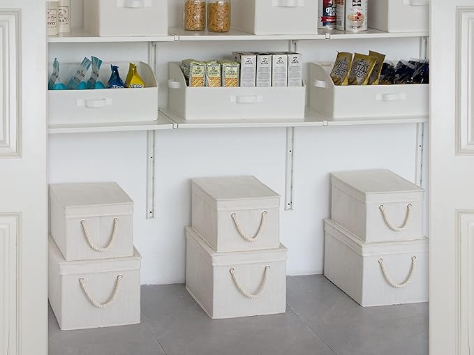 StorageWorks Storage Bins with Lids, Decorative Storage Boxes with Lid and Soft Rope Handles, Foldable Storage Baskets for Closet, Shelves, Stackable, 3-Pack, Ivory and White, Large