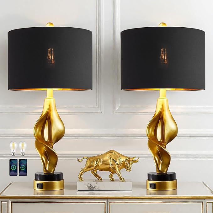 25.5'' Set of 2 Modern Table Lamps for Living Room Bedroom, Gold Leaf Sculptural Bedside Lamps with Marble Base and USB C+A Ports for Office End Tables Nightstand, 2 Bulbs Included