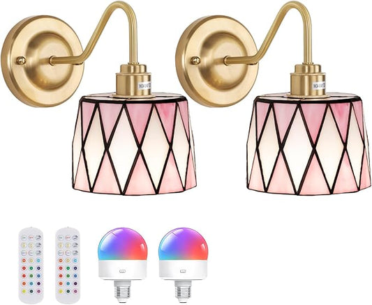Vintage Battery Operated Wall Sconce Set of 2, 5000mAh Rechargeable Wall Lamp 12 RGB Colors Dimmable, Gold Lights Fixture for Bedroom Bathroom Living Room Hallway Pink Checker