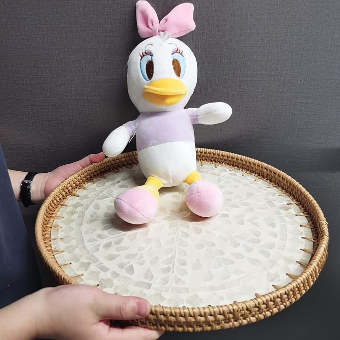 i-lan 16 Inch Rattan Round Serving Tray with Beige MOP Wooden Base, Extra Large Wicker Ottoman Serving Platter with 1”Side, Woven Basket Plates for Home Décor, Coffee Table, Display