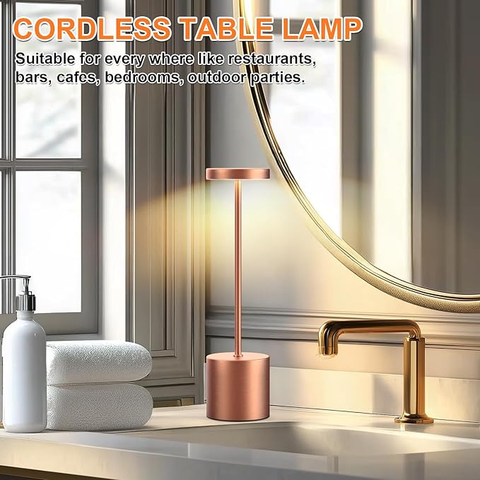 Cordless Table Lamp – 2 Pack Rechargeable Table Lamps, 5000mAh Battery Operated Lamp with 3-Color Dimmable Light, Outdoor Table Lamp for Bedroom, Restaurant, Patio, Home Décor (Rose Gold)