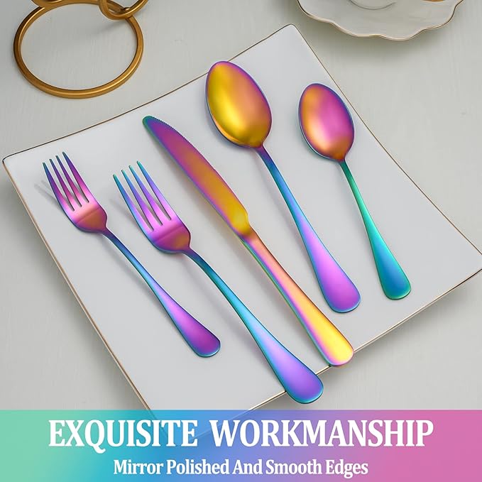 40 Pcs Rainbow Silverware Set Service for 8,Stainless Steel Flatware Serving Sets,Kitchen Tableware Set,Utensil Set for Home and Restaurant,Knives Forks Spoons Set,Mirror Polished,Dishwasher Safe