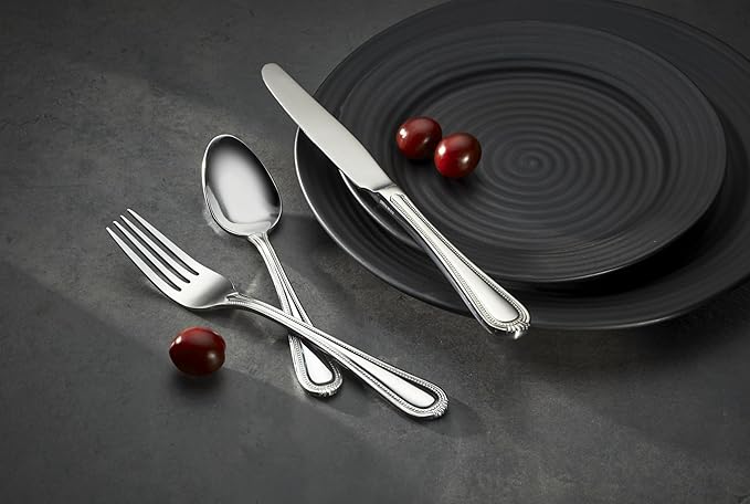 Oneida Silverware Set For 8, Countess 45-Piece Everyday Flatware Set with Serving Utensils, Service For 8, Bead Pearl, 18/0 Stainless Steel, Dishwasher Safe,Knives Spoons & Forks Set (Silver 45 Piece)