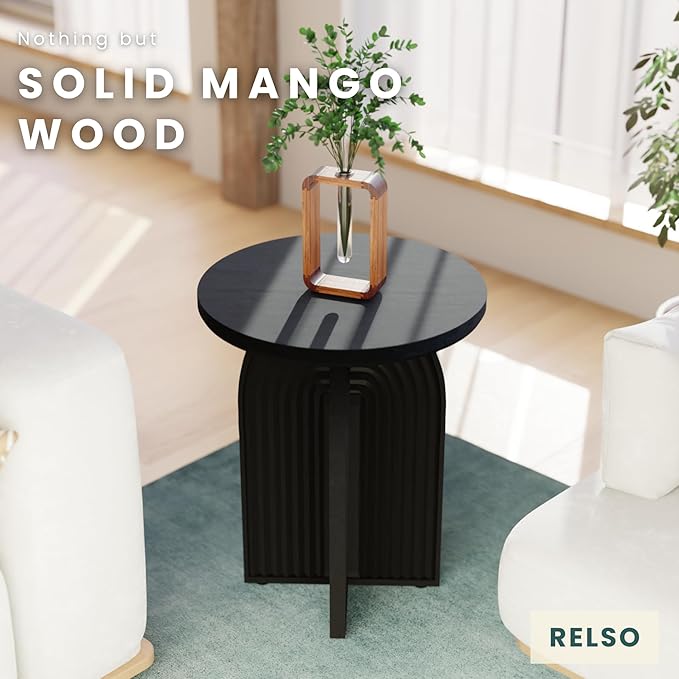 Relso Charon End Table - Round Black Mango Wood Side Table for Bedroom, Living Room | Small Nightstand, Versatile Bedside Table, Coffee Table | Modern Home Decor, Easy Assembly, Sturdy Accent Table