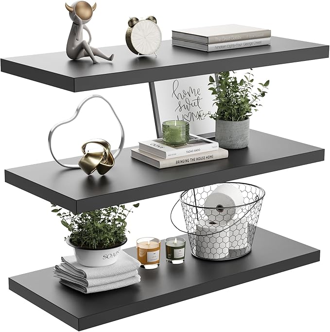 Wall Shelf Set of 3, Black Floating Shelves 30 in W x 10 in D x 1 in H, Wooden Floating Wall Shelf with Invisible Brackets for Living Room/Bedroom/Bathroom/Kitchen Storage and Decor
