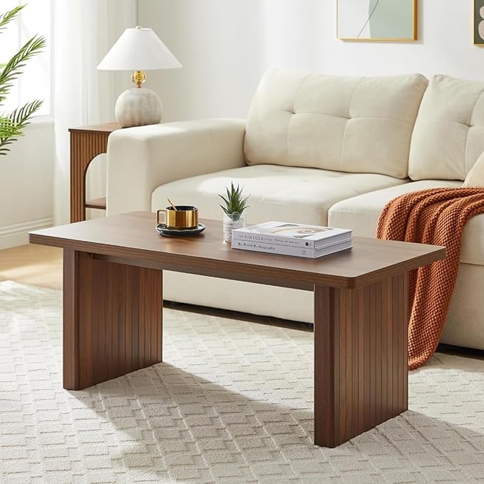 AVZEAR 43Inch Fluted Wooden Coffee Table for Living Room, Mid Century Modern Coffee Table with Sturdy Fluted Legs & Rounded Corner, Curved Rectangle Center Table for Home, Office, Cafe, Walnut