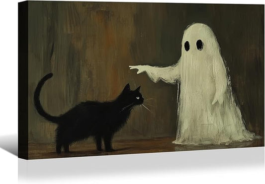BANHUA1 Vintage Halloween Canvas Wall Art, Ghost & Black Cat Retro Print, Dark Academia Wall Decor for Home, Living Room, Bedroom, 36 x 24 Inch