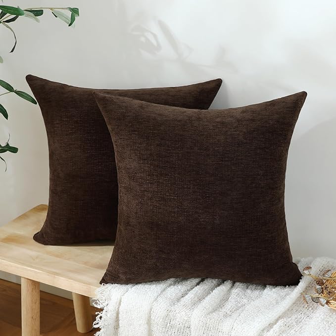 Jeneoo Coffee Brown Decorative Throw Pillow Covers Soft Chenille Comfy Square Couch Cushion Cases for Living Room Sofa Decor (Set of 2, 20 x 20 Inches)
