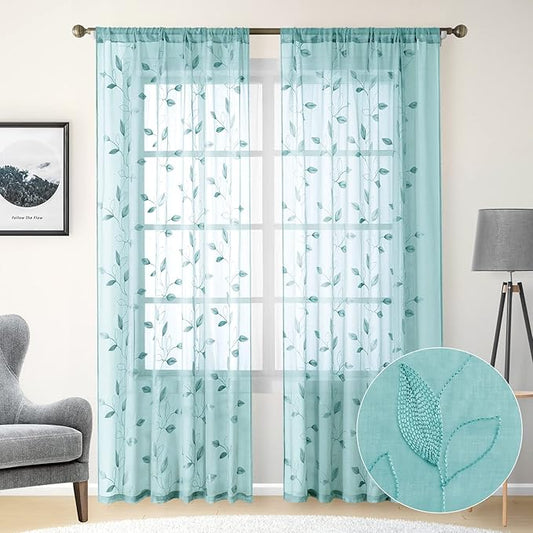 HOMEIDEAS Turquoise Aqua Sheer Curtains 52 X 84 Inches Length 2 Panels Embroidered Leaf Pattern Pocket Faux Linen Floral Teal Voile Window Drapes for Bedroom Living Room