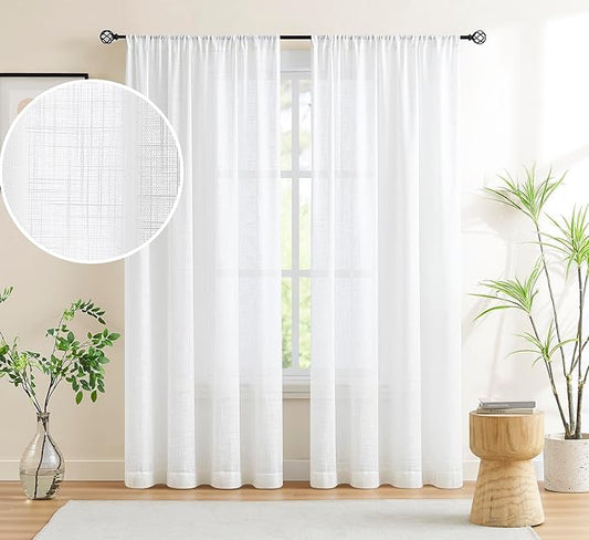 Treatmentex Semi-Sheer White Curtains for Living Room 54 inches Short Linen Textured Light Filtering Sheer Window Curtain Set for Bedroom Office Wrinkle Free Privacy 54”w 2 Panels Rod Pocket