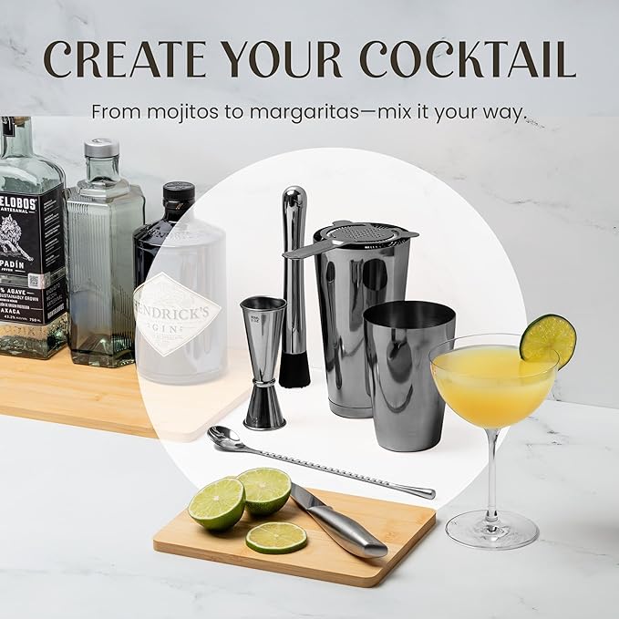 Mixology & Craft Cocktail Shaker Set - 11-Piece Bar Accessories Kit w/Weighted Boston Shaker, Strainer, Jigger, Muddler and More - Home Bartending Tools, Accessories for Bartender, Black