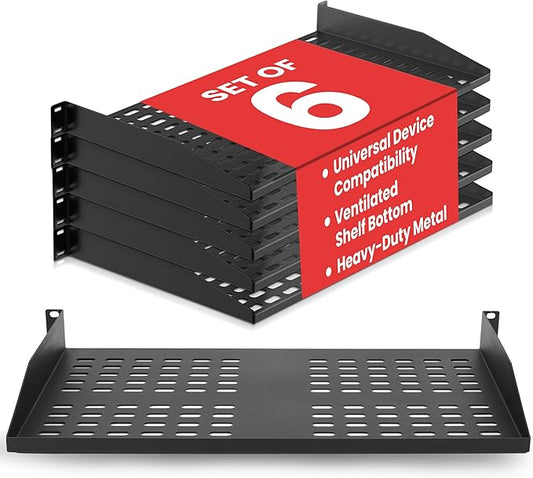 Pyle 19-Inch 1U Server Rack Shelf - 6 pcs. Vented Metal Shelves for Optimal Airflow, Wall or Rack MountableSupports up to 110 lbs, 17 x 10’ Shelf Tray for Cabinets, Computers & Network Equipment