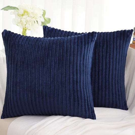 Simmore Decorative Throw Pillow Covers 20x20 Set of 2, Soft Natural Plush Flannel Double-Sided Fluffy Couch Pillow Covers for Sofa Living Room, Navy Blue