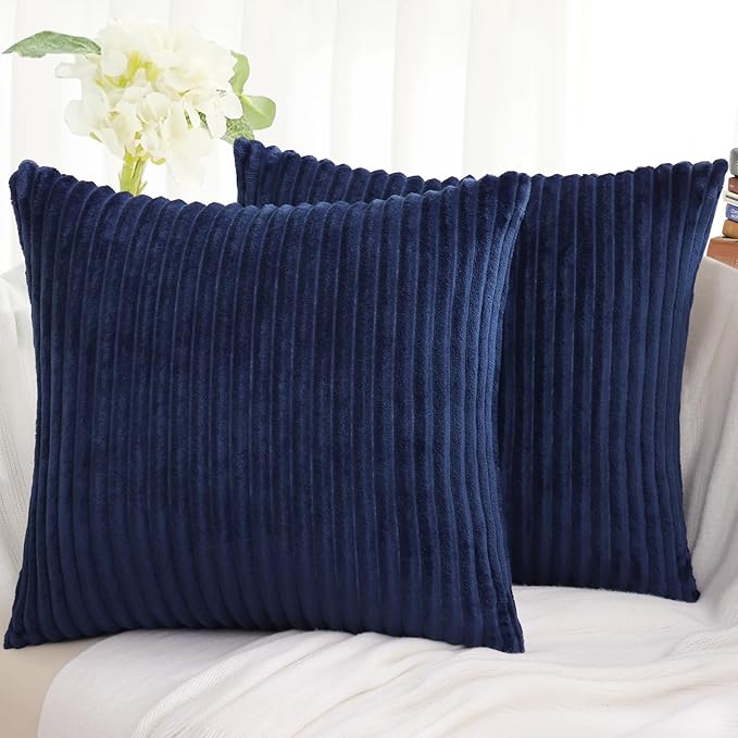 Simmore Decorative Throw Pillow Covers 22x22 Set of 2, Soft Natural Plush Flannel Double-Sided Fluffy Couch Pillow Covers for Sofa Living Room, Navy Blue