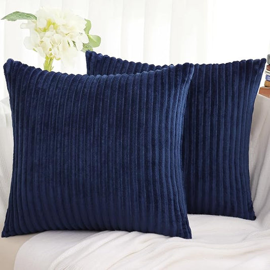 Simmore Decorative Throw Pillow Covers 22x22 Set of 2, Soft Natural Plush Flannel Double-Sided Fluffy Couch Pillow Covers for Sofa Living Room, Navy Blue