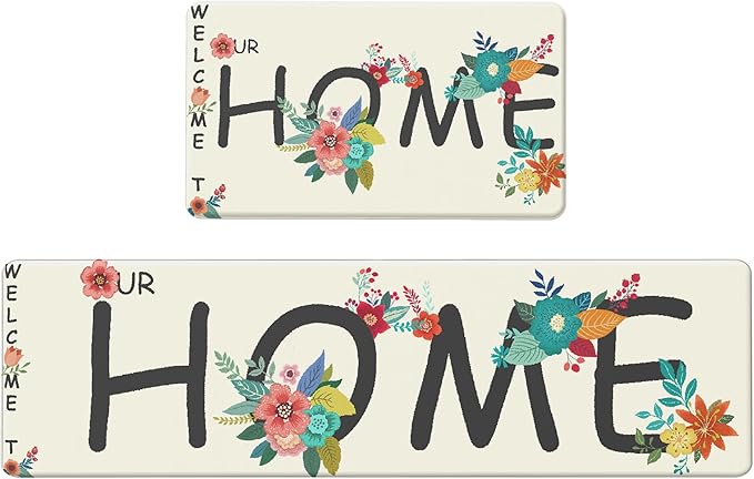 GENIMO Anti Fatigue Kitchen Mats for Floor, Non Slip Washable Home Theme Rugs Sets of 2, Farmhouse Cushioned Waterproof Comfort Runner Rug for Kitchen, Sink, Desk, Laundry, 17"x 59"+17"x 30", White