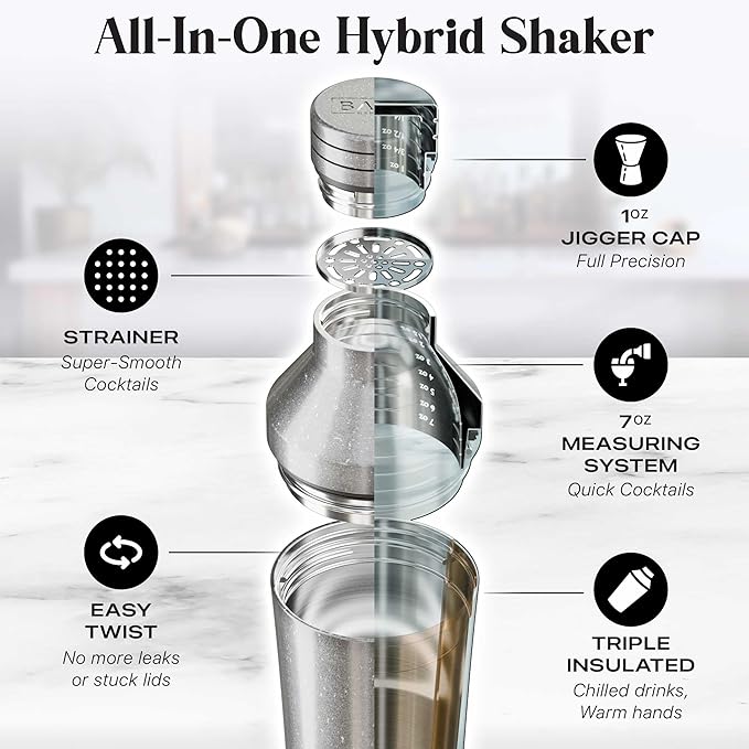 Insulated Cocktail Shaker Set | Double Wall Stainless Steel | Martini Shaker for Home Bar Bartending | Built-in Drink Measurement System & Strainer, Travel Bag, 35 Recipes | Gift Set (Antique Silver)