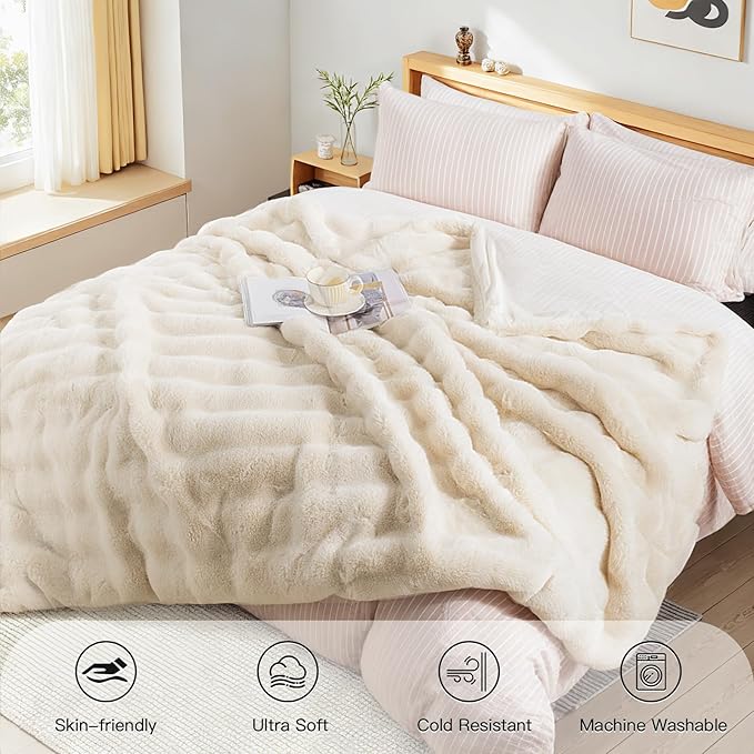 NEXHOME PRO Faux Fur Twin Blanket, Ultra Soft Cozy Warm Fuzzy Fluffy Plush Reversible Blanket for Couch, Sofa, Bed, Home Decor Gift, Beige 6080