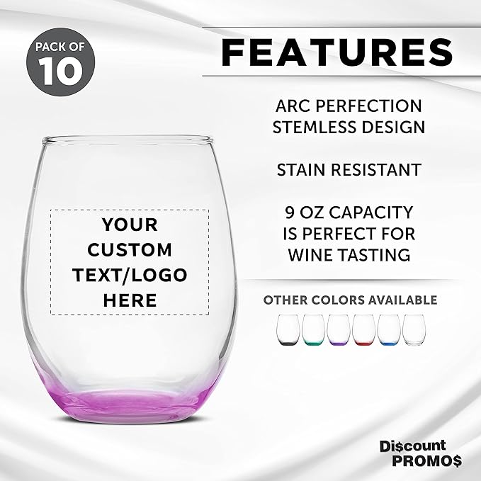 Custom Stemless Wine Glass 9 oz. Set of 10, Personalized Bulk Pack - Great for Wedding Favors, Bachelorette Party Decorations, Party Favors, Color Bottom - Pink