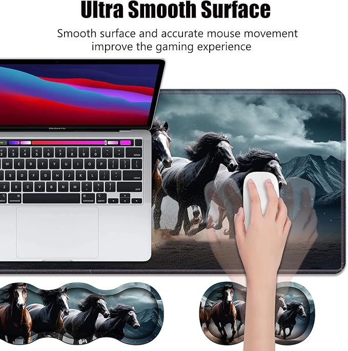 4 in 1 Ergonomic Memory Foam Mouse Pad Wrist Rest Set, Large XXL Gaming Desk Pad + Keyboard Wrist Rest + Mouse Wrist Cushion + Coaster for Home Office Study Gaming, Running Horses