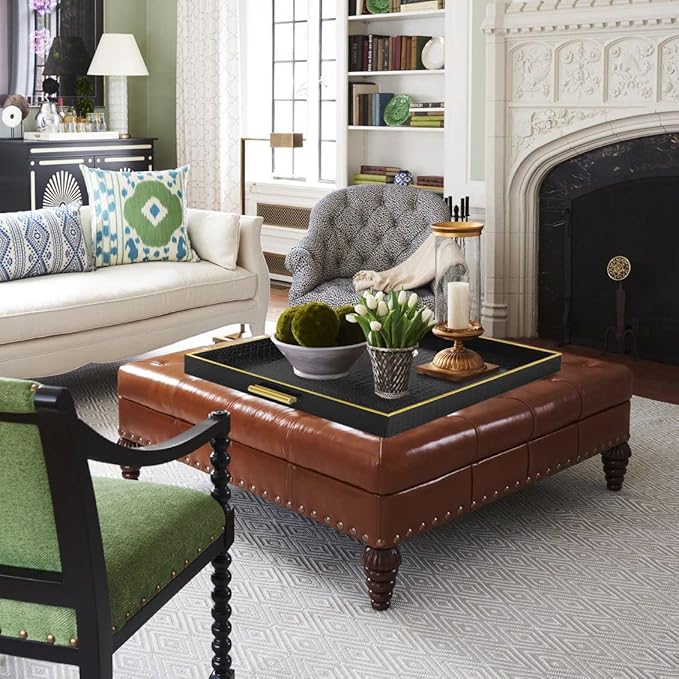 HofferRuffer Extra Large Square Serving Tray, Elegant Faux Leather Ottoman Tray with Gold Hardware Handles, Serve Tea, Coffee or Breakfast in Bed, 24 x 24 inches (Black Croco)