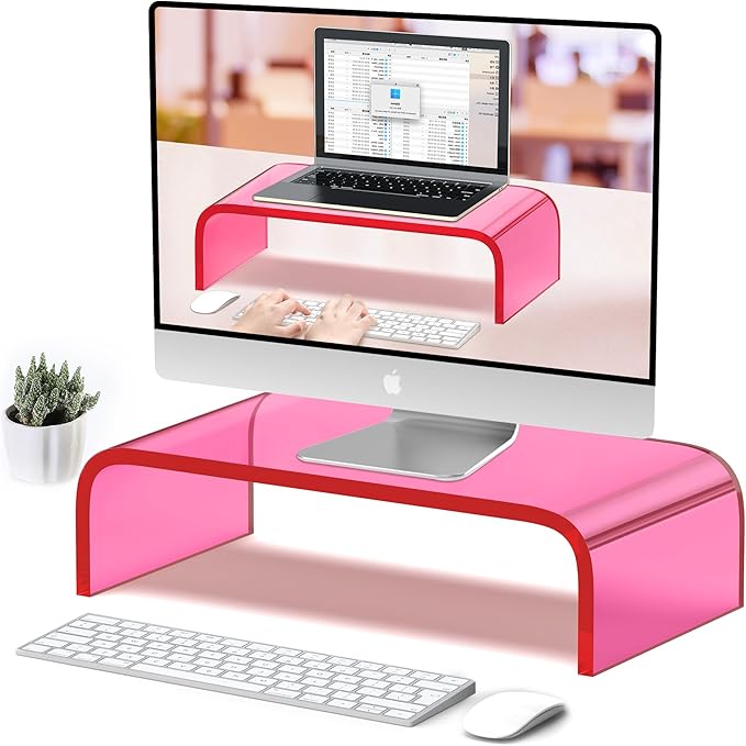Acrylic Monitor Stand Riser Acrylic Laptop Stand for Desk Clear Computer Monitor Stand for Desk Accessories iMac Organizer Office Must-Haves Product for Working from Home Bright Pink