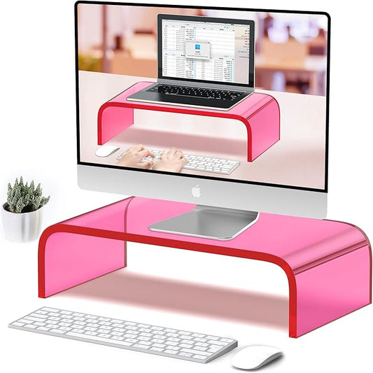 Acrylic Monitor Stand Riser Acrylic Laptop Stand for Desk Clear Computer Monitor Stand for Desk Accessories iMac Organizer Office Must-Haves Product for Working from Home Bright Pink