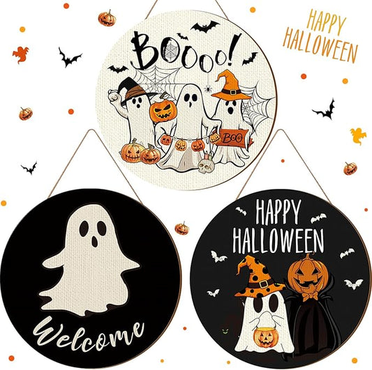 3 Pcs Happy Halloween Door Decorations Halloween Wreath Cute Ghost Pumpkin Front Door Decor Bat Hat Welcome Hanging Sign Wooden Front Hanger for Farmhouse Wall Indoor Home Decor