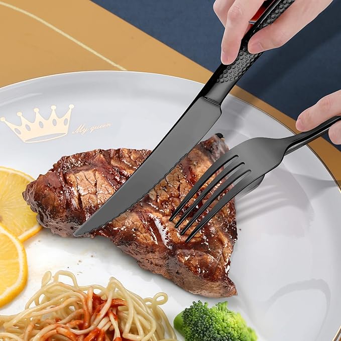 Lemeya 40-Piece Hammered Black Silverware Set for 8 with Serrated Forging Knives,18/10 Stainless Steel Modern Flatware Set,Unique Cutlery Set Spoons and Forks Set,Mirror Polished,Dishwasher Safe