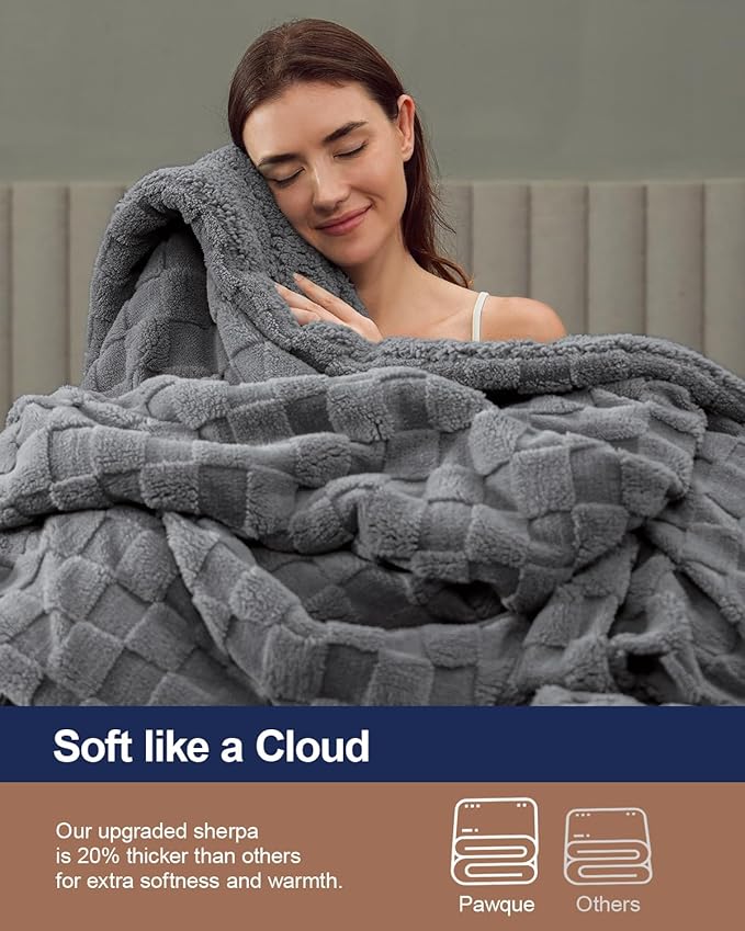 Pawque Super Soft Cozy Throw Blanket for Couch Sofa Bed - Fluffy Sherpa Fleece Reversible Thick Warm Fuzzy Blanket for All-Season, 3D Checkered Jacquard Elegant Decorative Blankets, Grey, 50" x 60"