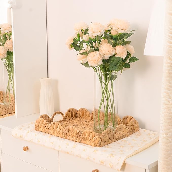 KOKODO Set of 2 Wicker Scalloped Tray – Handwoven Water Hyacinth Basket Trays, Decorative Scalloped Wicker Tray for Serving, Organizing, Kitchen, Coffee Table, Bathroom, and Shelf Décor.