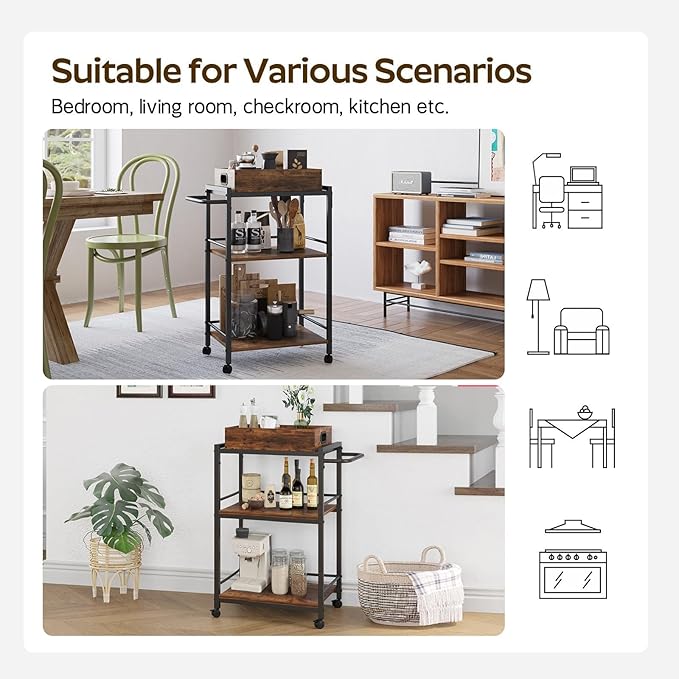 3-Tier Bar Cart for The Home, Rolling Cart with Wheels and Handle, 3-Tier Serving Cart with Removable Tray, Kitchen Carts on Wheels with Storage