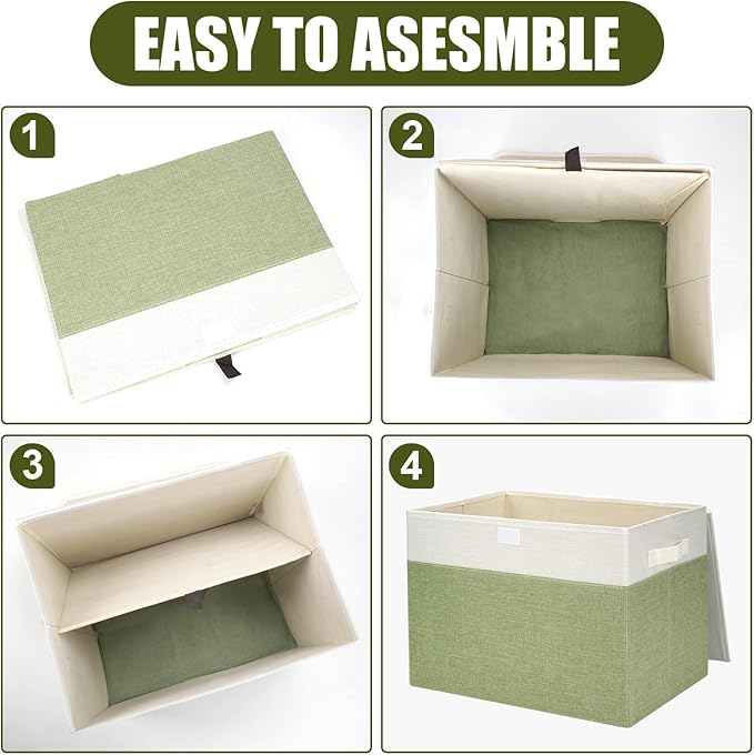 Large 17" 42 Quarts Collapsible Stackable Storage Bins with Lids [3-Pack] Foldable Fabric Linen Storage Boxes Cube, Closet Organizer Baskets with Label for Home (16.7 x 12 x 12", Green & White)