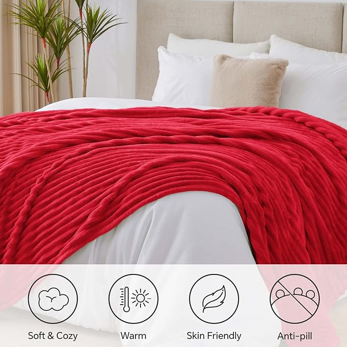 BEDELITE Blankets Queen Size for Bed, 300GSM Soft & Warm Fleece Blanket, Decorative and Giftable Striped Red Blankets for Women, Men, 90"x90"
