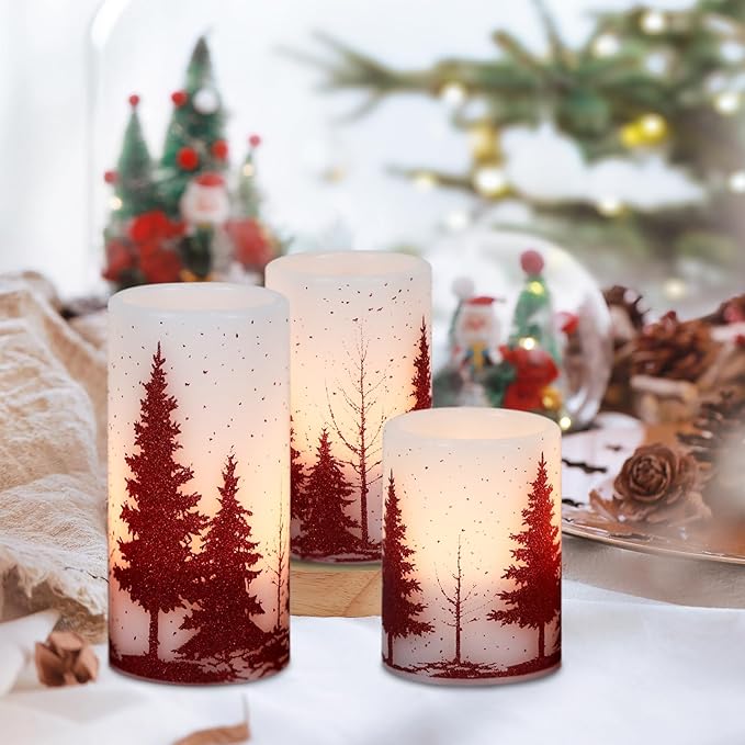 DRomance Christmas Tree Flameless Flickering Candles Battery Operated with 6H Timer, 3 Pack Real Wax Warm Light LED Pillar Candles Dinner Tabletop Holiday Centerpiece Decor 3" x 6"