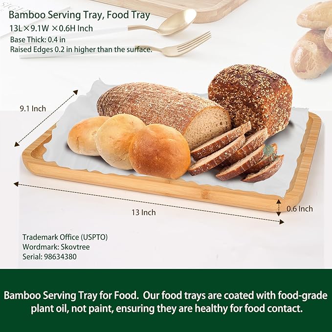 Bamboo Tray for Serving Food, Tray for Eating and Serving Coffee, Tea, 13.0×9.1 Inch