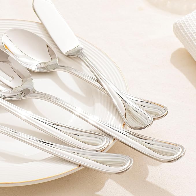 KINGSTONE 16 Piece Teardrop Serving Utensils Set, 18/10 Stainless Steel Serving Utensils, Slotted Spoons, Forks, Tongs, Cake Server, Butter Knife for Buffet, Catering, Wedding, Party