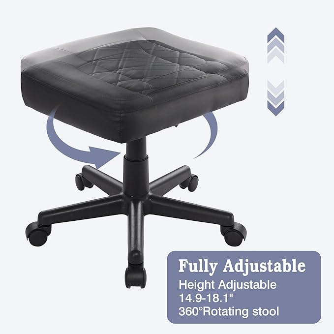 VECELO Under Desk Footrest, PU Ergonomic Foot Rest with Wheels, Comfort Padding, Height Adjustable for Relieving Leg Pain, Stiffness, Black