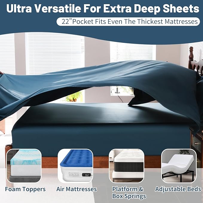 Extra Deep Pocket California King Sheets 18-24 Inch 100% Egyptian Cotton 1000 Thread Count Sateen Weave Soft Breathable 4 Pieces（Cal King,Navy）